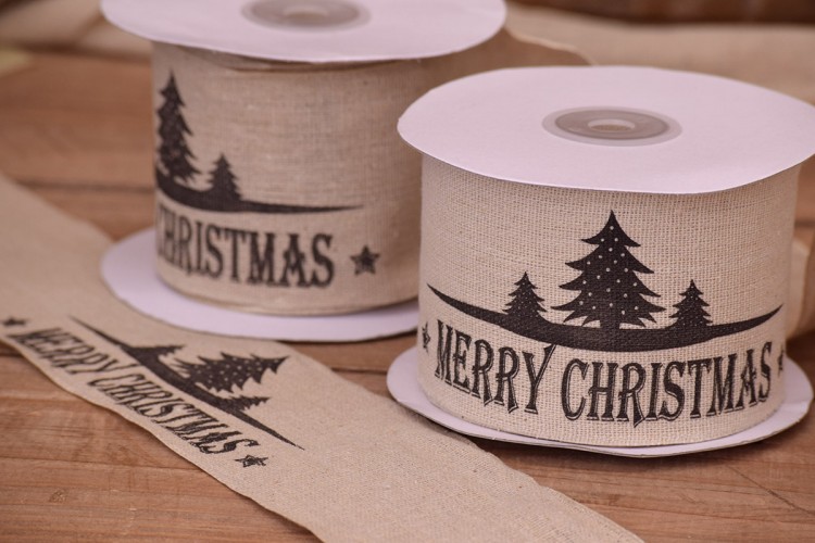 Κορδέλα Merry Christmas Έλατα Κρεμ 60mm x 10yd RB0715-1