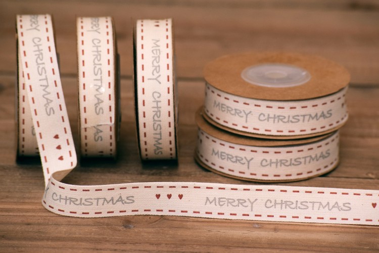 Κορδέλα Merry Christmas Γκρι-Κόκκινο Καρδούλες 15mm x 10yd RB0703-1
