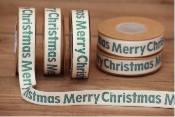 Κορδέλα Merry Christmas Κρεμ 15mm x 10yd RB0703-2